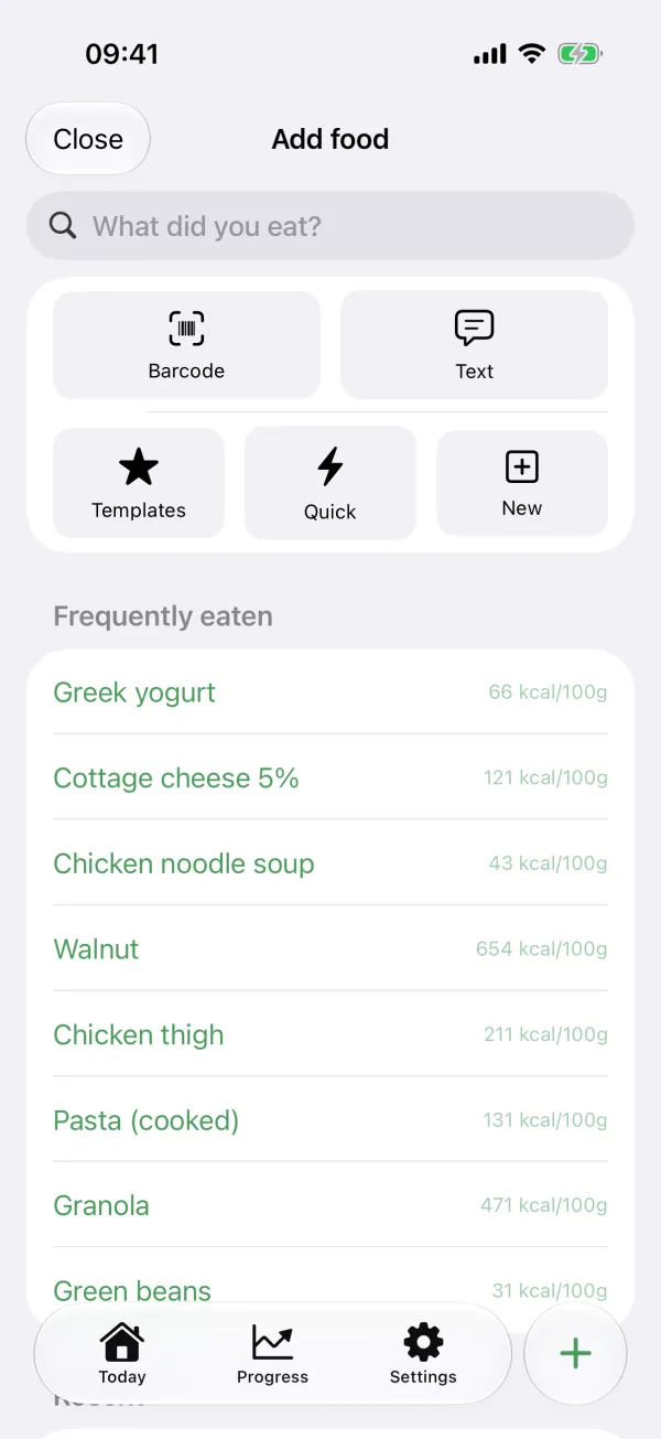 Adding food in Unpuzio: barcode, text, templates, quick add and frequently eaten foods