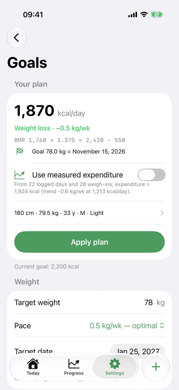 Unpuzio calorie plan for weight loss with BMR, activity and target date