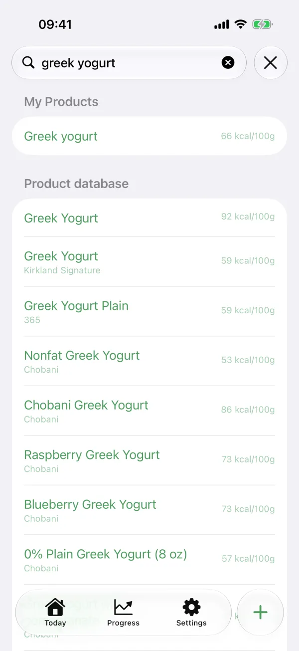Food search in the Unpuzio product database with calories per 100 g