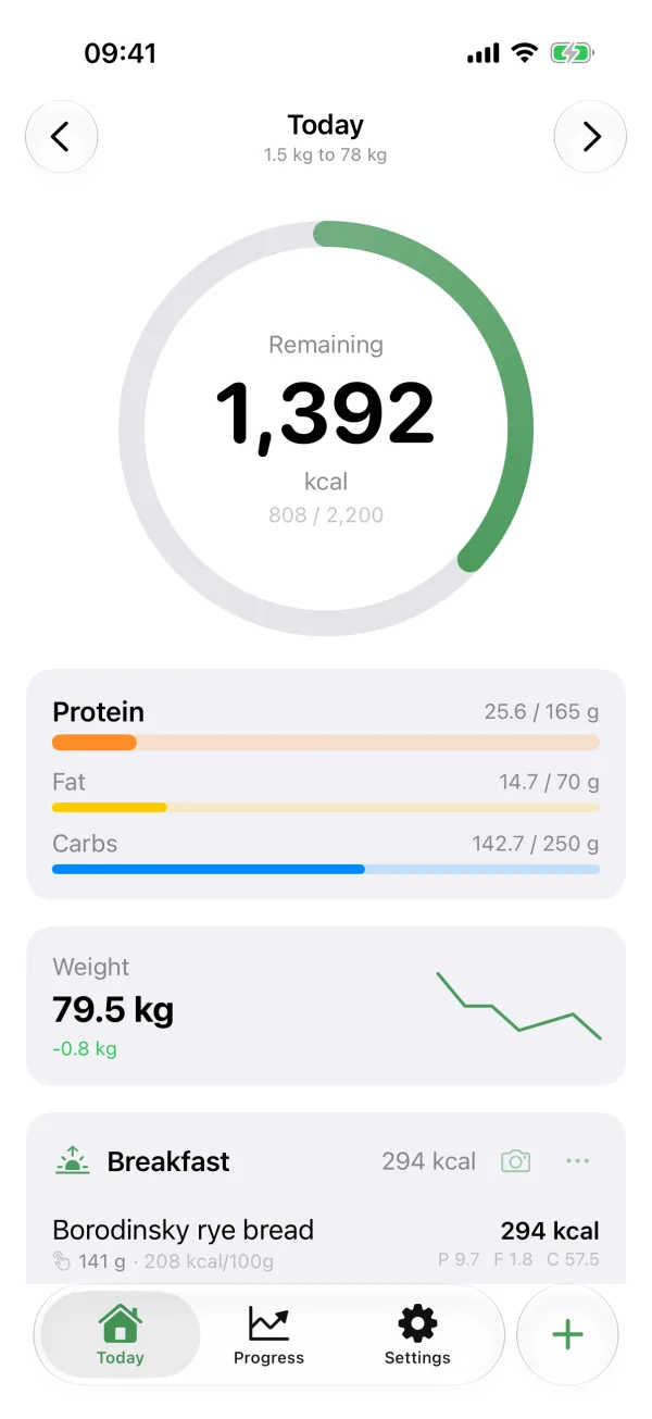 Unpuzio Today screen: calories remaining, protein, fat and carbs, weight and breakfast